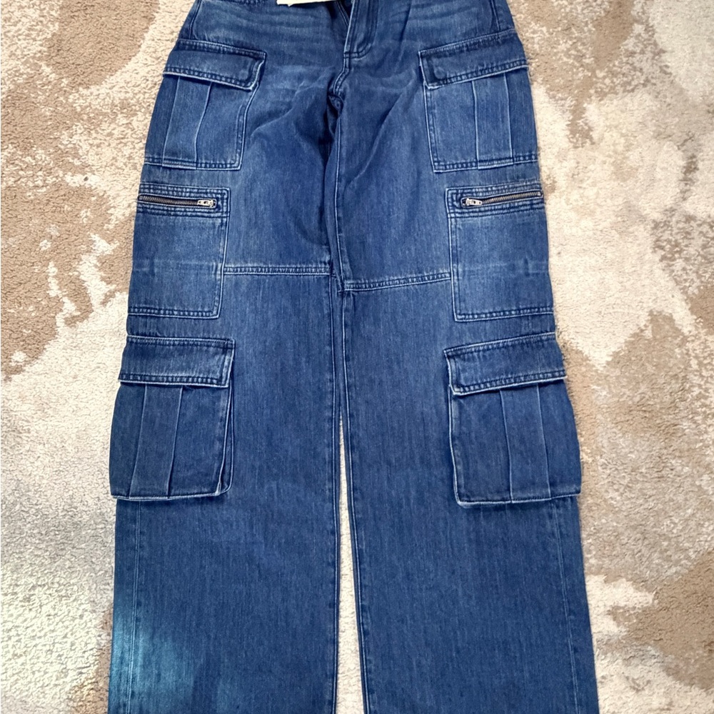 Alice + Olivia Blue Wide Leg Cargo Jeans